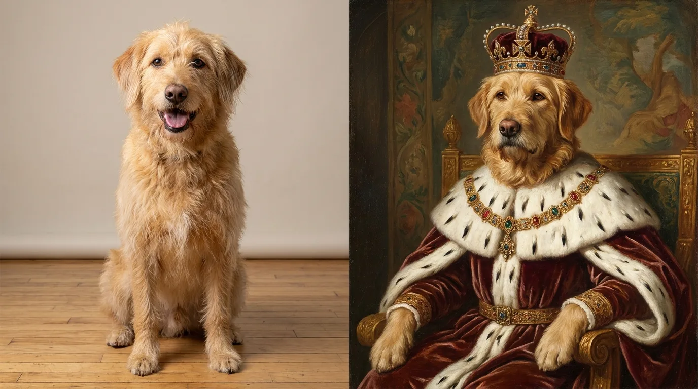 Before and after of a pet portrait transformation showing the process from photo to royal portrait