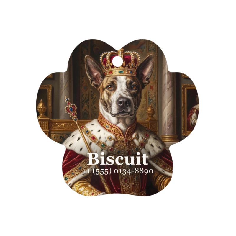 Metal Ornament (Pet Paw), example shown. We print your portrait on it.