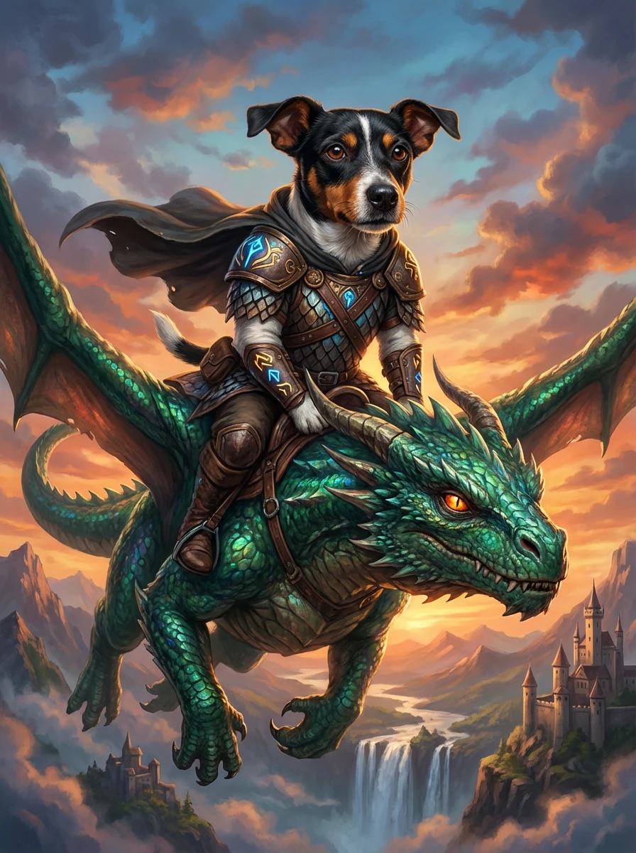 The Dragon Rider portrait as a digital file — a dog in fantasy armour riding a green dragon