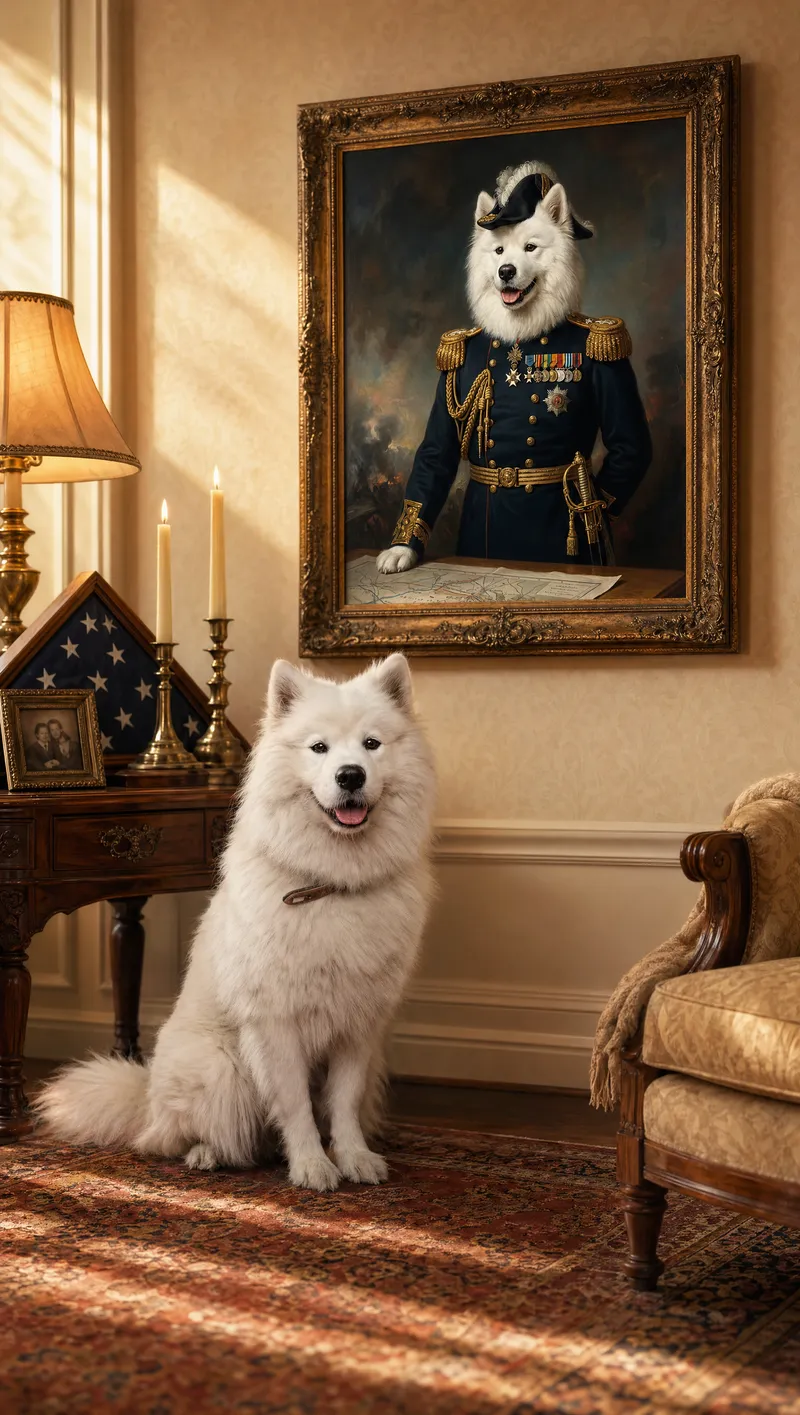 Samoyed beside their The General portrait